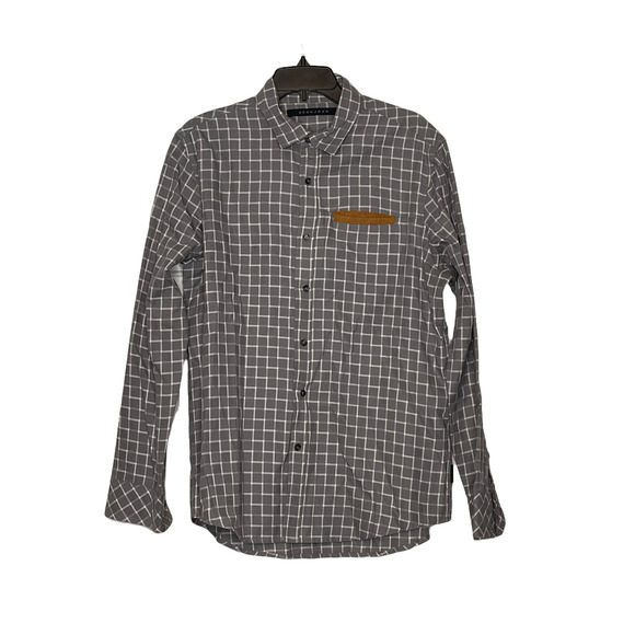 Sean John Mens Shirt Size Large Gray White Check Button Front Cotton Blend - Picture 1 of 4